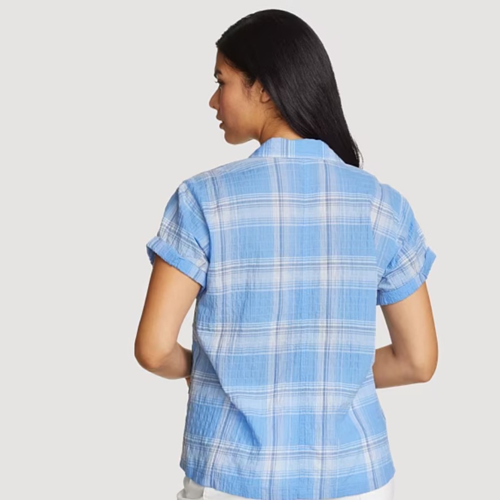 NEW Eddie Bauer Plaid Shirt XS Blue Cornflower Plaid Top - Picture 2 of 3